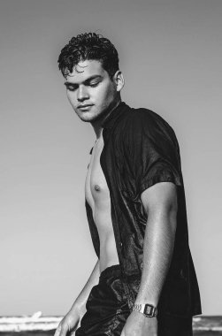 Sahilde gösterişli bir adamın portresi.