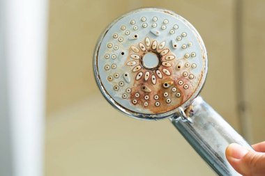 Dirty shower head with limescale and rust on it clipart