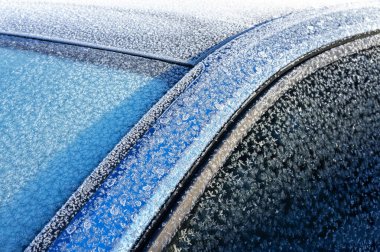 Windscreen covered with ice and snow. Frozen car at parking lot in snowy winter.