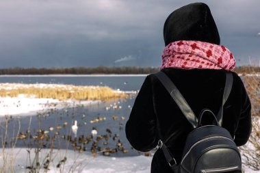 Bir kadın kışın gölde kuşları izler.