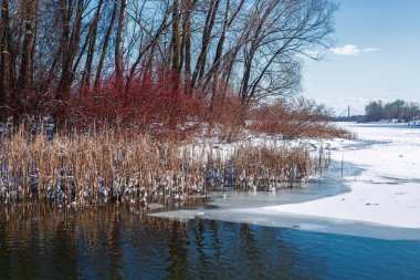 Güzel kış manzarası. Mavi gökyüzü ve desenli kar. Kış Masalı.