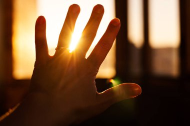 Gün batımının arka planına karşı kadın eli 