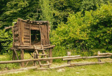 Arka planda yeşil bahçesi olan saman ambarı.