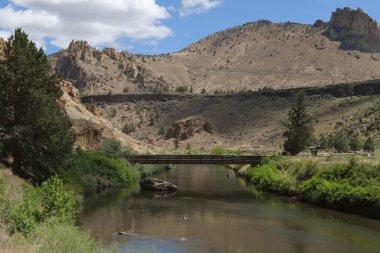 Oregon 'daki Smith Rock State Parkı' nda Eğri Nehir 'in üzerindeki yaya köprüsü