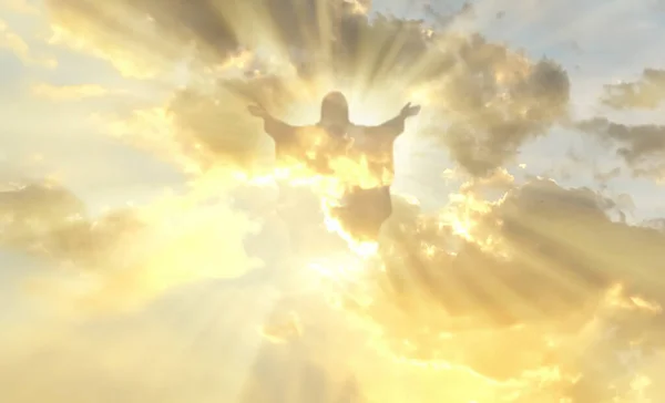 Jezus Chrystus Chmurach Nieba Złote Tło Nieba Dobry Pomysł Piątek — Zdjęcie stockowe