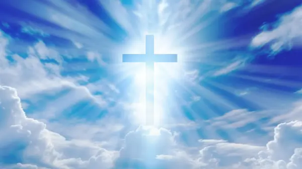 Christelijke Kruis Met God Straal Blauwe Hemel Achtergrond — Stockfoto