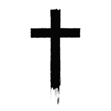 Beyaz arka planda sert fırça darbeleriyle siyah haç boyanmış. Sanatsal Hıristiyan sembolü, minimalist ve anlamlı, dini tasarımlar için ideal, ruhani posterler, illüstrasyon EPS10.
