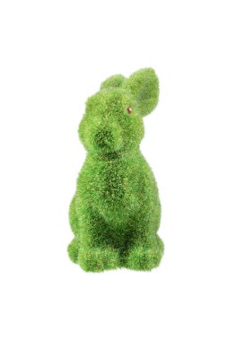 Decorative figure of a rabbit made of green artificial moss. Isolated on white background.
