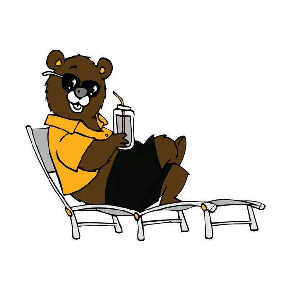 Der Teddybär Erholt Sich Strand Sitzt Einer Chaiselongue Und Trinkt — Stockvektor