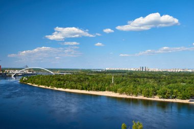 Top view of the Dnipro River and The Havana bridge in Kyiv, Ukraine.