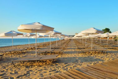Bir sıra plaj şemsiyesi ve şezlonglar durgun bir okyanusa doğru uzanan ahşap bir tahta kaldırıma dizilmişler, canlı ve davetkar bir yaz kaçamağı sahnesi yaratıyorlar..