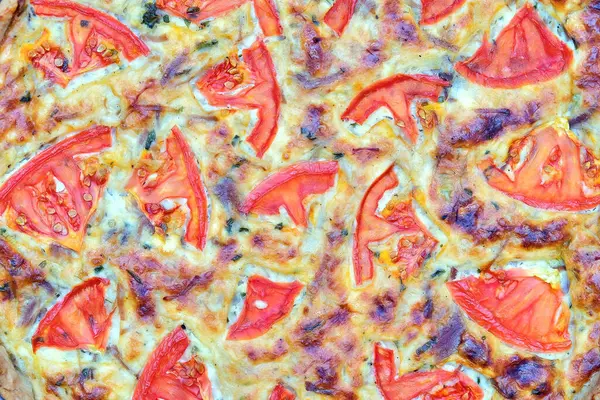 Taze domates dilimleri ve erimiş peynirli nefis ev yapımı kiş, seramik bir tabakta mükemmel pişmiş. Kahvaltı, brunch ya da akşam yemeği için nefis bir turta..