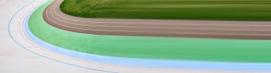 Canlı bir Velodrome pistinin bayrağı renkli şeritleri ve kıvrımlı tasarımı sergiliyor. Geometrik desenler ve zıt renkler soyut temalar için görsel olarak çarpıcı bir kompozisyon oluşturur.