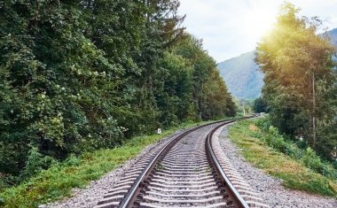 Yaremche 'deki demiryolu hattı, arka planda Karpat Dağları' nın bulunduğu yemyeşil bir ormandan geçiyor ve sakin çölün ortasında huzurlu bir doğa ve ulaşım manzarası yaratıyor..