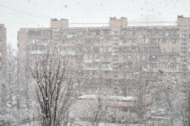 Şiddetli bir kar yağışı, yoğun rüzgarların arasından zar zor görünen apartman binaları ve çıplak ağaçlarla kentsel bir manzarayı örtüyor. Sahne, bir şehir ortamında kışın şiddetini yakalar..