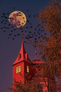 Gece gökyüzünün altında kırmızı ışıklı bir kule, büyük bir dolunay ve tepemizde uçuşan bir sürü siyah kuşun olduğu karanlık, ürkütücü bir sahne. Atmosfer gizemli ve rahatsız edici..