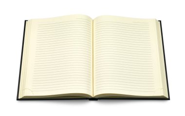 Boş, doldurulmuş sayfaları olan, yazmaya, günlük tutmaya ya da not almaya hazır, açık bir defter. Sayfalar fildişi renginde, belli belirsiz basılmış çizgiler, temiz ve minimalist bir görünüm yaratıyor..