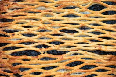 Zengin, koyu meyveli, altın kaplama kabuklu bir turtaya yakın plan. Çıtır çıtır, dokuma hamur işi. Fırın, yemek ya da tatlı konsepti için mükemmel..