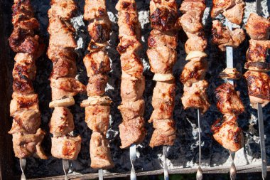 Izgara et şişleri ve soğan parçaları. Barbeküde cızırdıyor. Şişler arka planda yükselen dumanla birlikte etin sulu ve kömürleşmiş dış kısmını gözler önüne seriyor..