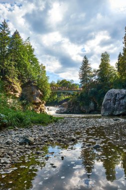 Kayalık kıyıları, yeşil ormanı ve güneşli bir yaz gününde şelalenin üzerindeki köprüsü olan manzaralı bir dağ nehri. Turistler, huzurlu bir Karpatya manzarasının doğal güzelliğinin tadını çıkarıyorlar..