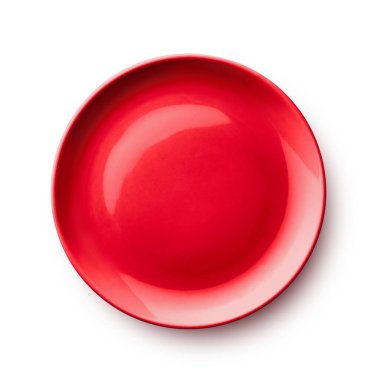 Beyaz arka planda parlak kırmızı seramik plaka. Gıda sunumu, mutfak tasarımı veya sofra takımı kataloğu için ideal temiz ve minimal üst görünüm.