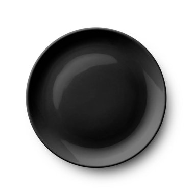 Beyaz arka planda siyah seramik plaka görünüyor. Parlak ve minimal tasarım modern mutfak eşyaları, yemek tasarımı veya masa ayarları için mükemmel..