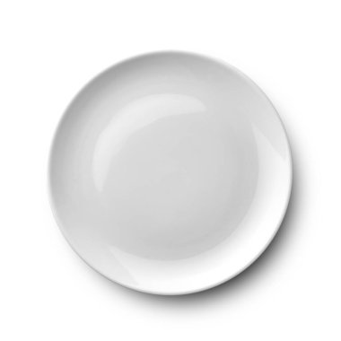 Beyaz arka planda izole edilmiş beyaz seramik plaka. Parlak ve minimal tasarım modern mutfak eşyaları, yemek tasarımı veya masa ayarları için mükemmel..