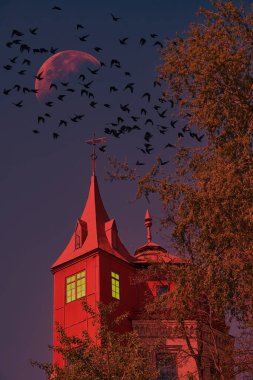 Gece gökyüzünün altında kırmızı ışıklı bir kule, büyük bir dolunay ve tepemizde uçuşan bir sürü siyah kuşun olduğu karanlık, ürkütücü bir sahne. Atmosfer gizemli ve rahatsız edici..