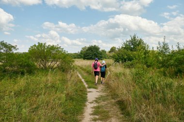 Anne ve oğlu yazın yeşil tarlalarda kırsal bir yolda birlikte yürüyorlar. Aile açık hava macerası, bağ ve doğa ile eğleniyor..