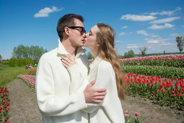 Guy Fille Embrassent Étreignent Champ Tulipes Colorées Jeune Beau Couple — Photo