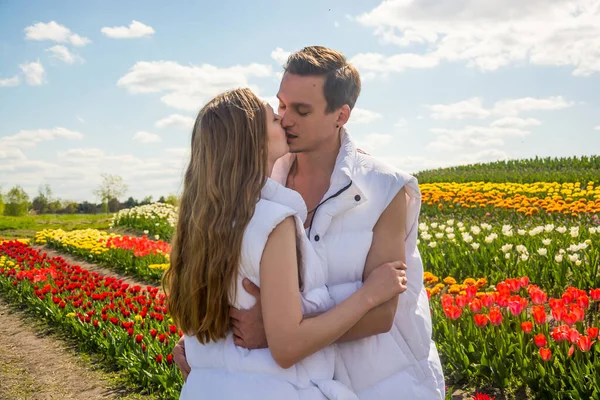 Guy Girl Kissing Hugs Field Colorful Tulips Young Beautiful Couple — Stock Photo, Image