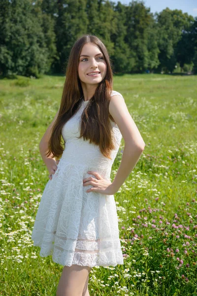 Beautiful Young Smiling Woman Flowery Meadow White Dress Summer — Stock Photo, Image