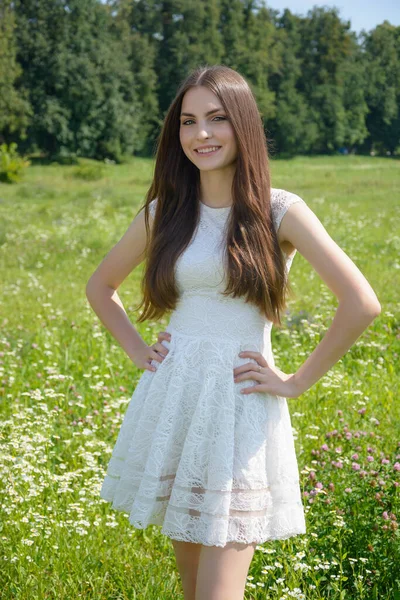 Beautiful Young Smiling Woman Flowery Meadow White Dress Summer Royalty Free Stock Images