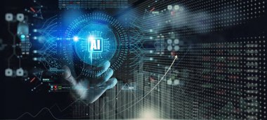 Yapay zeka (Ai) makine derin öğrenme ve veri madenciliği ve başka bir modern bilgisayar teknolojileri Ui elle Cpu simgesi dokunmadan ile.