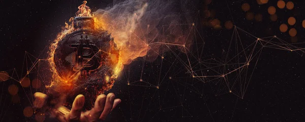 Tangan Manusia Bisnis Menampilkan Bitcoin Terbakar Pada Latar Belakang Gelap Stok Foto