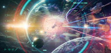 HUD ui gelecekçi kullanıcı arayüzü 3D küresel dünya haritası ve iş veri tabloları. Ön panel ekranının dijital ekranı, dairesel diyagramın mavi hologramları, istatistik grafikler.