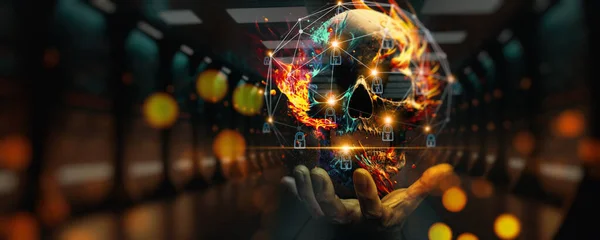 Yangında Bilgisayar Kafatası Ikonu Kullanan Bir Işadamı Siber Saldırılardan Korunmak Stok Resim