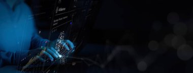 İşadamı, komuta komut, yapay zeka, yenilikçi fütüristik teknoloji kullanarak iş için akıllı robotlar kullanıyor. Chatbot, yapay zekayla sohbet, yapay zeka., 