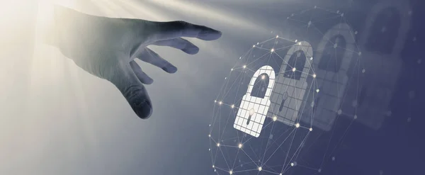 Human Hand reaching the Information protection and cyber security. Modern safety digital background.
