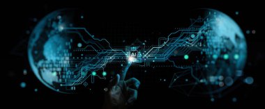 İş dünyası, dünya, dünya ve teknoloji kavramının geleceğini bağlamak ve değiştirmek için Al ikonuna dokundu.