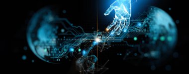 AI dünyayı değiştirecek, makine öğrenimi, robotun elleri ve insan eli büyük veri ağı bağlantısı, veri alışverişi, derin öğrenme, bilim ve yapay zeka teknolojisi.