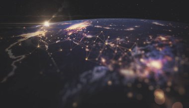 Dünyanın soyut haritası, Avrupa küresel ağ ve bağlantı kavramı, veri transferi ve siber teknoloji, bilgi alışverişi ve telekomünikasyon.