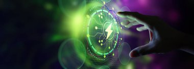 Kripto para birimi teknolojisinde Yıldırım ağı iletişiminin holagrafisiyle çalışan dinamik eller. Sanal ekranda Bitcoin ve internet ödeme kavramı.