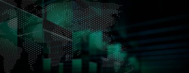 Yeşil ve siyah tonlarda noktalı bir dünya haritası içeren soyut dijital arkaplan. Küresel ağ, fintech veya uluslararası iş temaları için mükemmel.