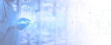 Abstract medical technology background with doctor holding tablet and stethoscope. Futuristic interface with health data