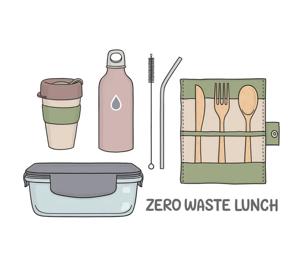 Zestaw Przedmiotów Wielokrotnego Użytku Lunch Bez Plastiku Jednorazowego Użytku Zero — Wektor stockowy