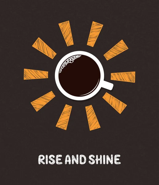 用手绘太阳光在黑板背景上的咖啡杯 升起和闪耀的文字 早上好 开始一天的概念 — 图库矢量图片