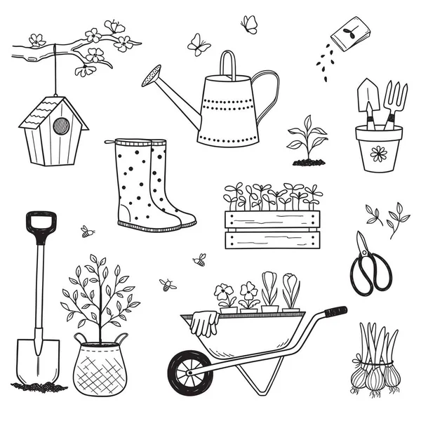 Sada Designových Prvků Jarního Zahradničení Stylu Doodle — Stockový vektor