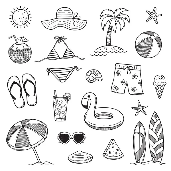 Conjunto Elementos Diseño Temático Verano Playa Estilo Doodle — Archivo Imágenes Vectoriales