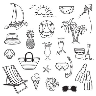 Karalama stilinde yaz ve plaj teması tasarım elementleri kümesi